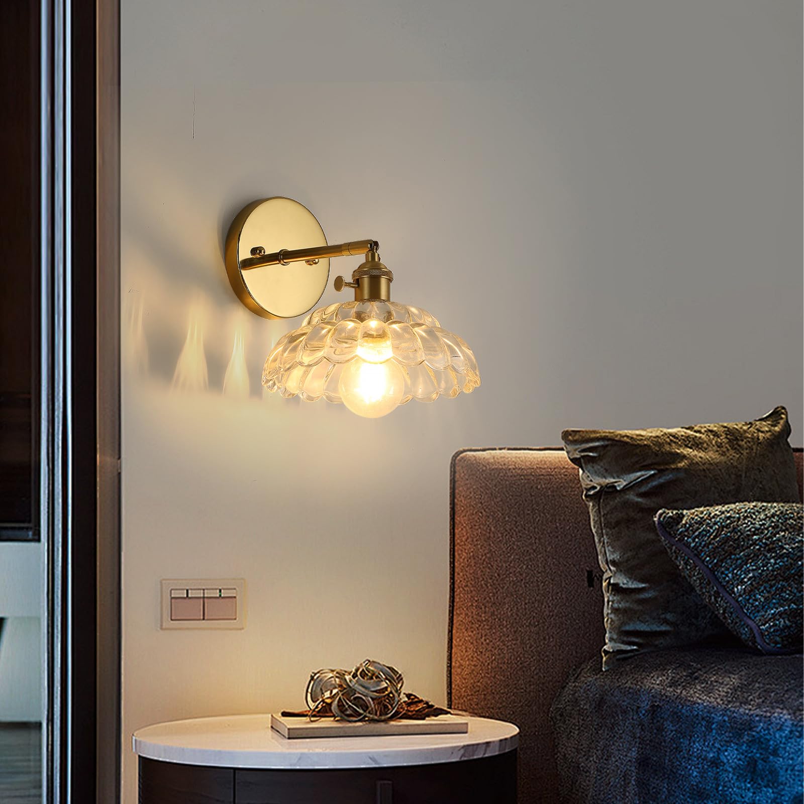 Vintage Wall Sconces with Petal Glass Lampshade, Switch Bathroom Wall Sconce Vanity Light for Mirror