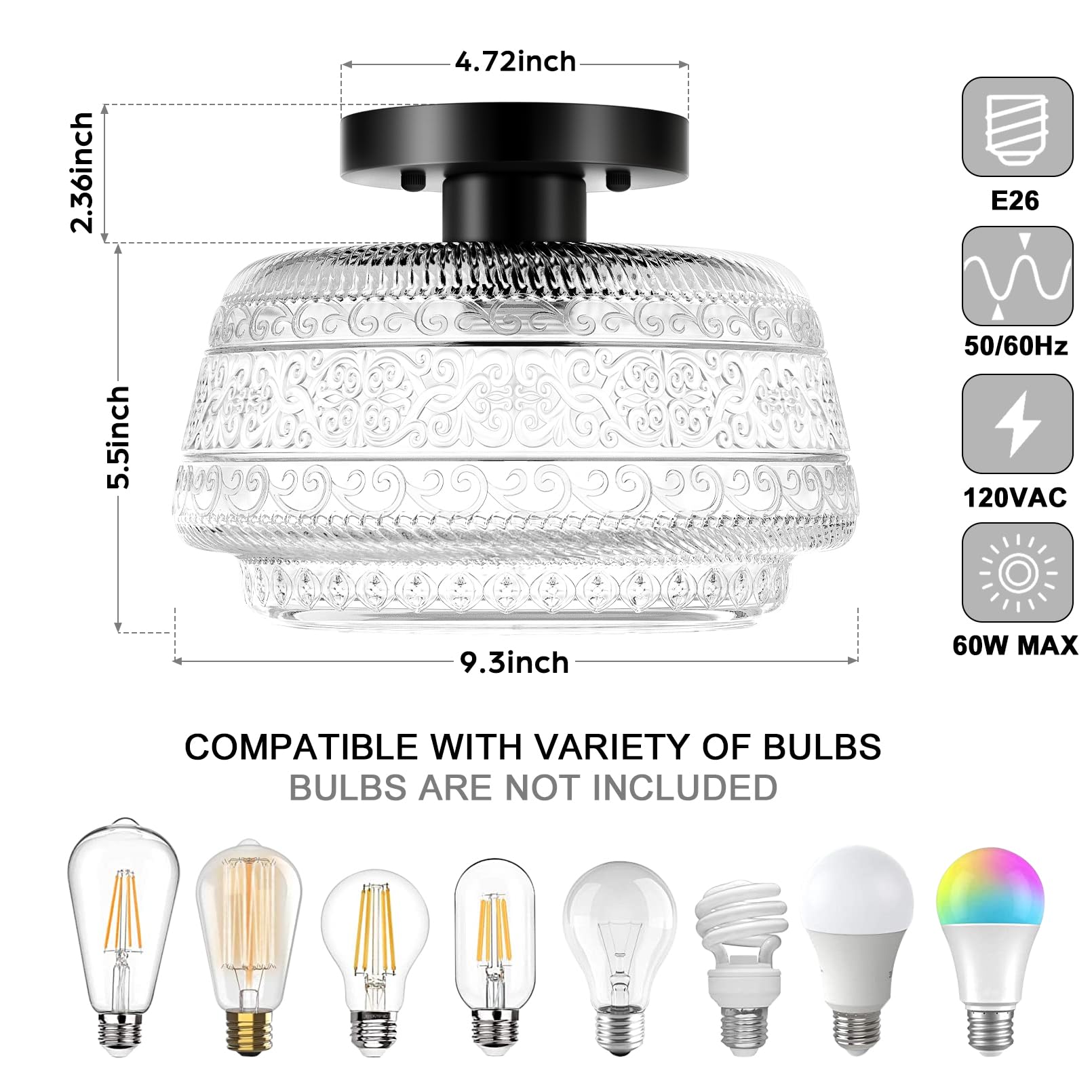 Semi Flush Mount Ceiling Light, Globe Glass Ceiling Light Fixture, Black Close to Ceiling