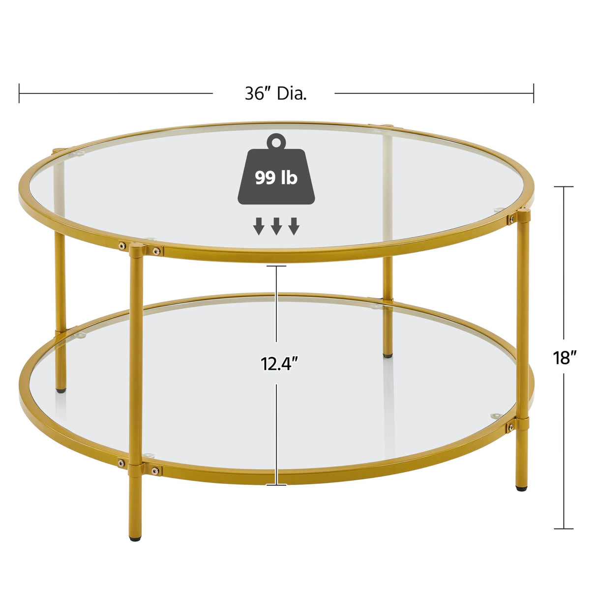 36" Round Coffee Table, Glass Coffee Table with Storage Shelf