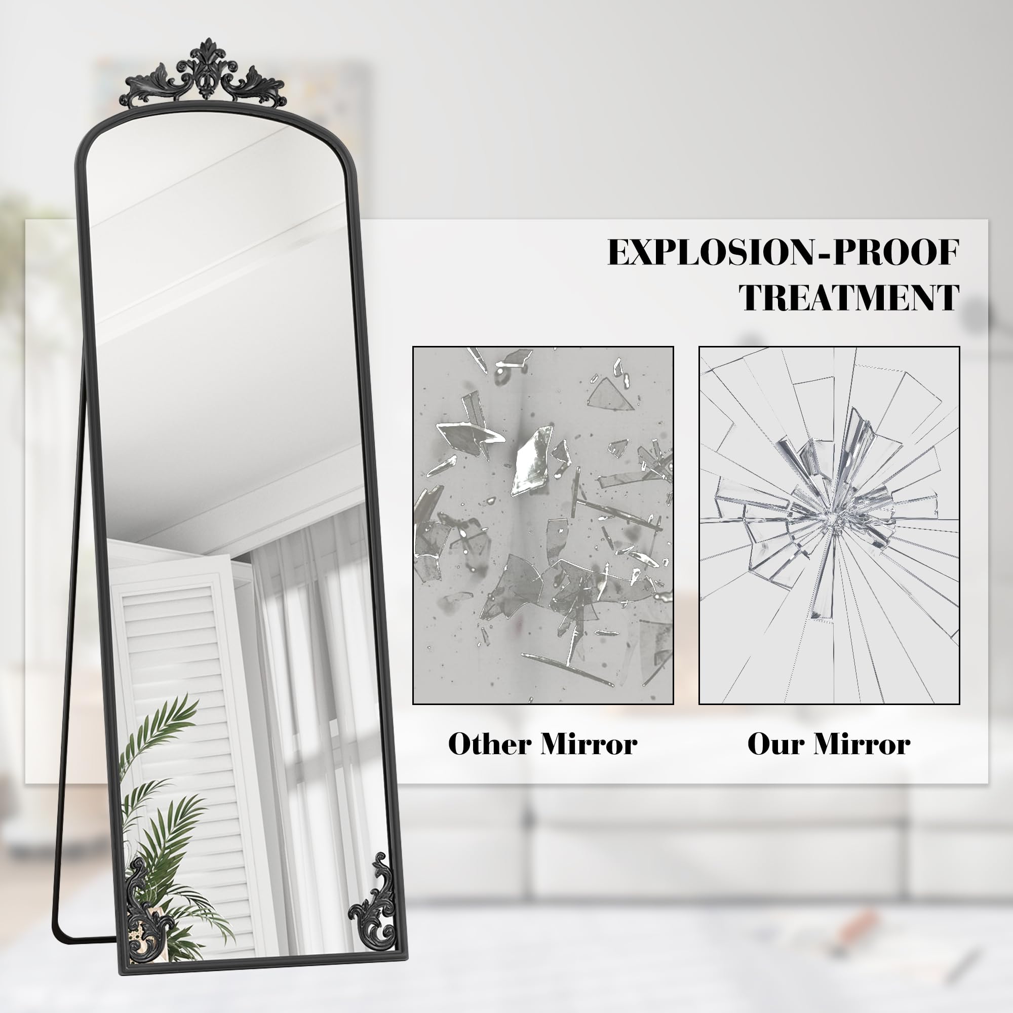 Arched Full Length Floor Mirror 65" x 21" - Black Metal Frame with Stand