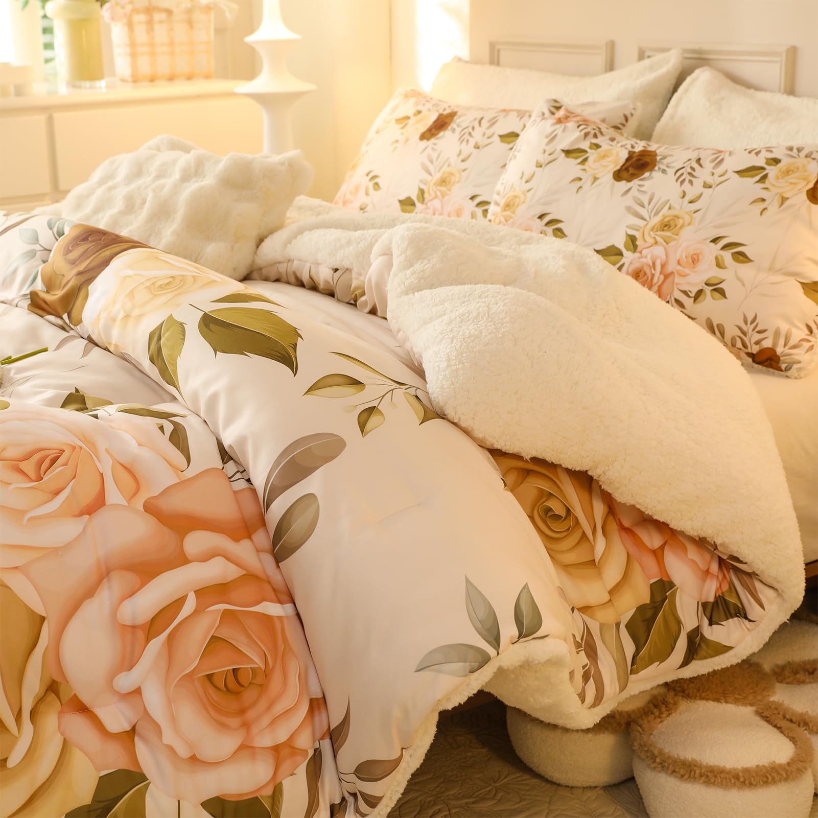 Floral Print Sherpa Comforter Set - Queen Size 3 Pieces Elegant Flowers Botanical Bedding Set Warm Cozy Beige 1 Quilt