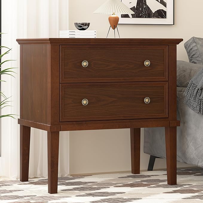 Solid Wood Nightstand with 2 Drawers, Practical Bed Side Table/Night Stan