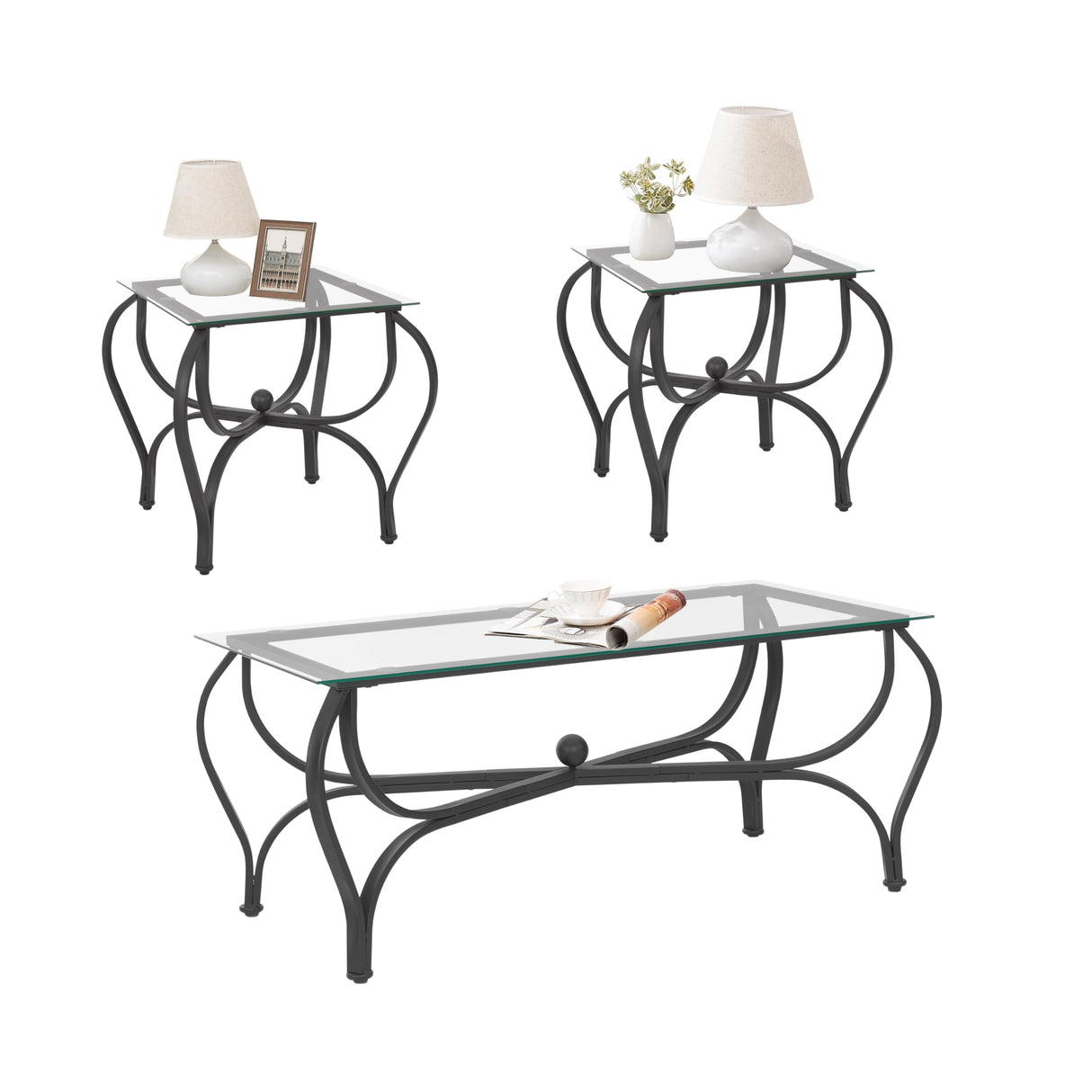 3-Piece Coffee Table Set, Tempered Glass Surface Living Room Sets