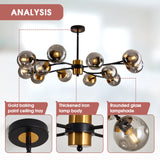 12-Light Sputnik Chandelier with Glass Globe - Mid Century Modern Black & Gold