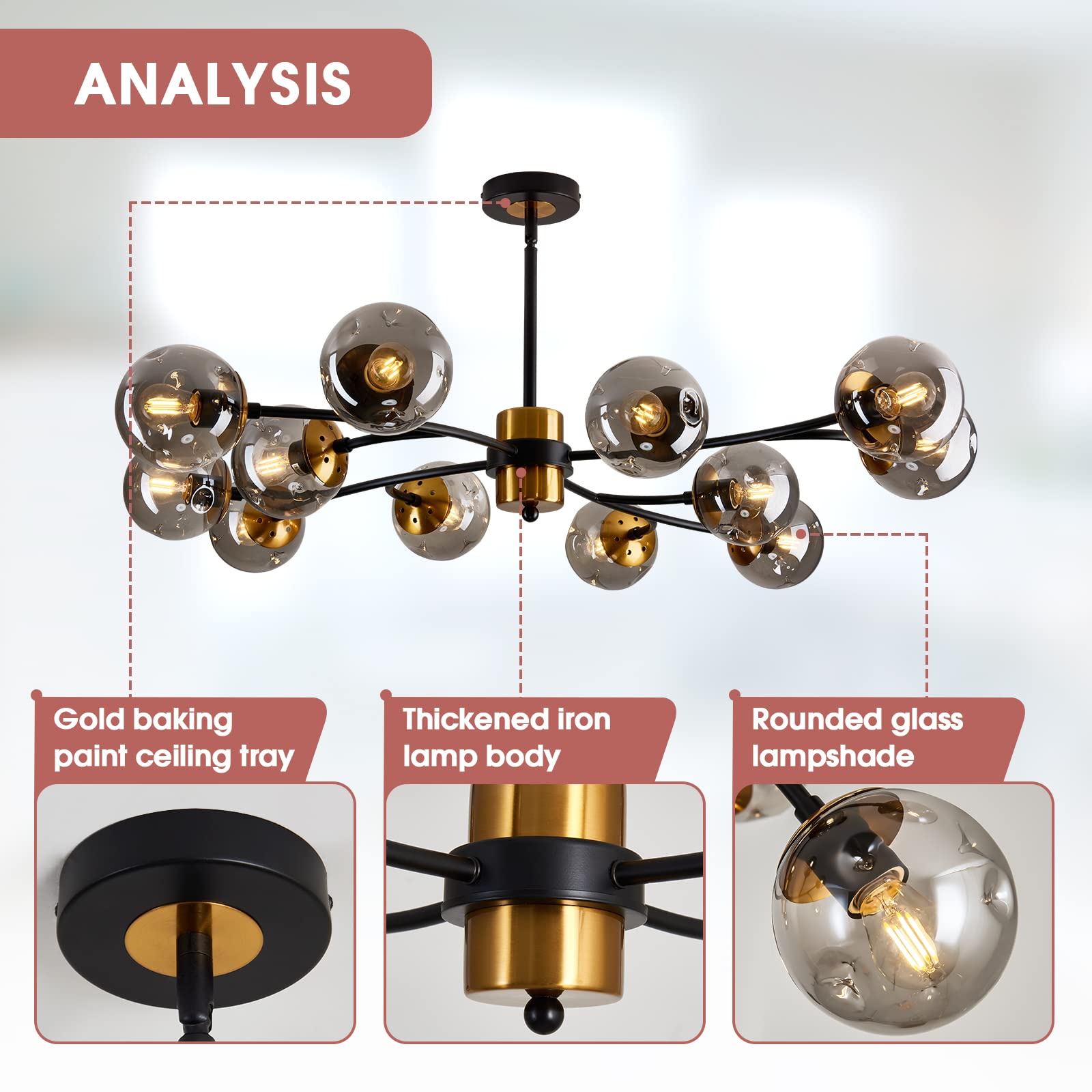 12-Light Sputnik Chandelier with Glass Globe - Mid Century Modern Black & Gold