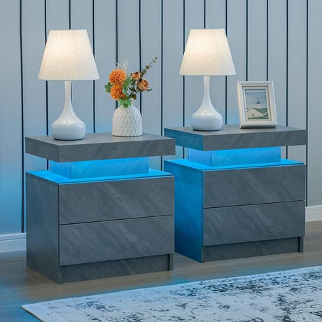 Nightstand Set of 2 LED Nightstand with 2 Drawers, Bedside Table with Drawers