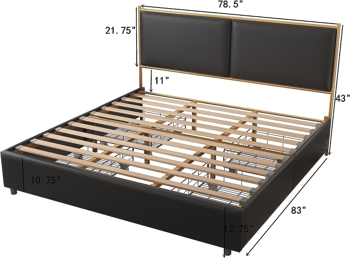 King Size Platform Bed Frame with Headboard and Storage Drawers of 4,