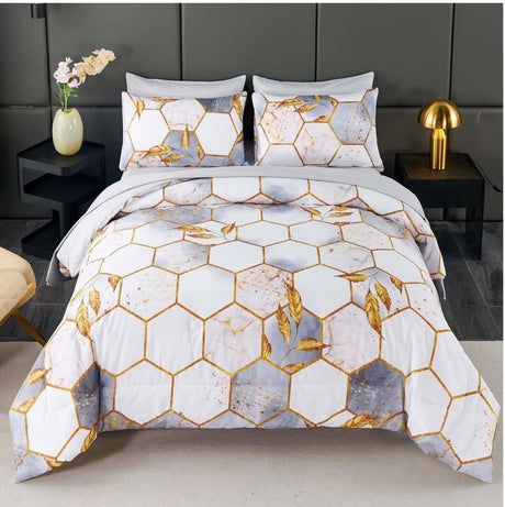 7 Pcs White Marble Bedding Comforter Set California King, Hexagon Honeycomb