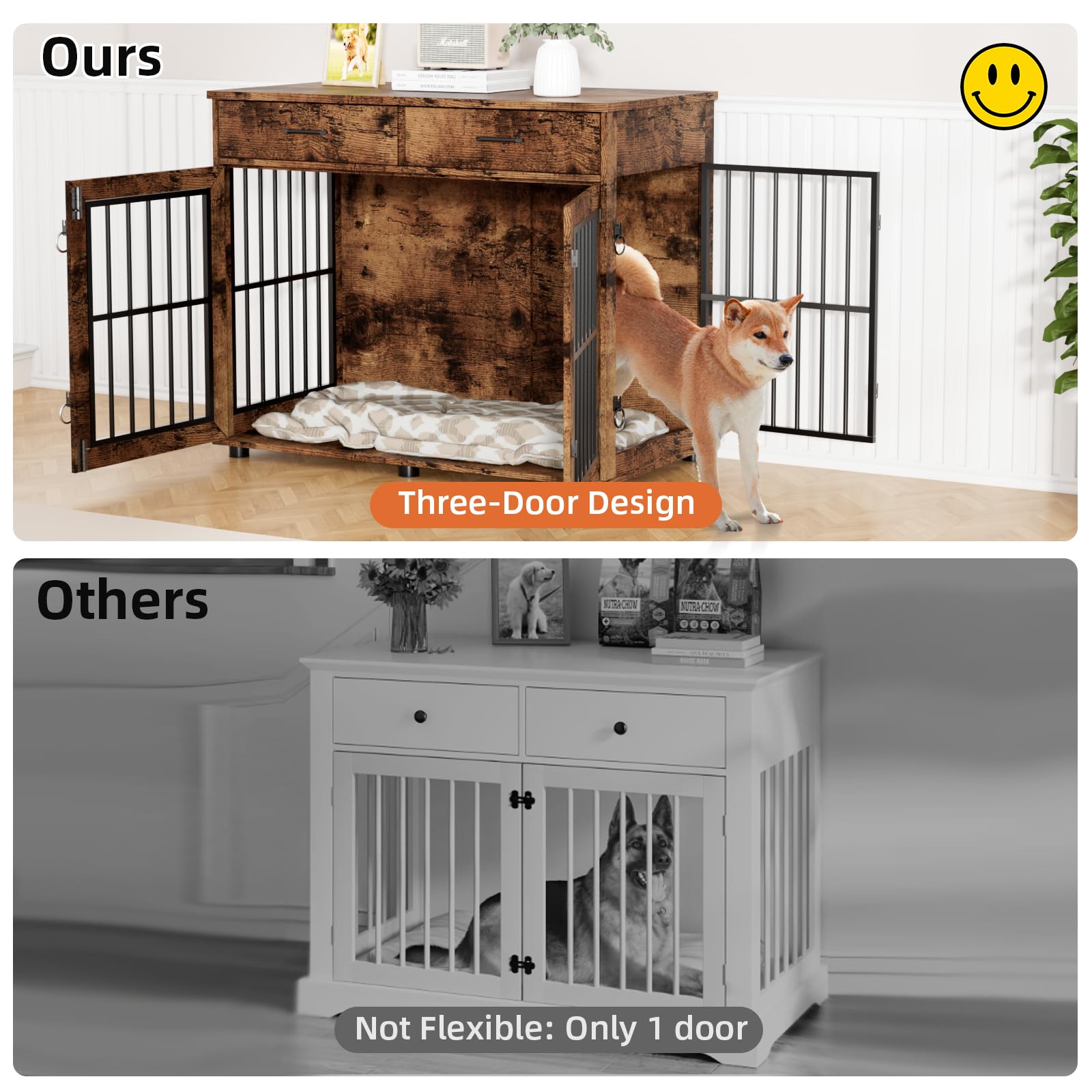 43.3" Large Wooden Dog Crate Furniture with Storage Drawers