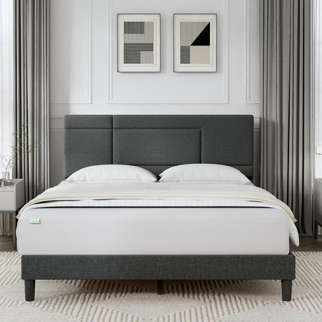 Queen Bed Frame with Headboard, Linen Upholstered Bed Frame Queen Size,