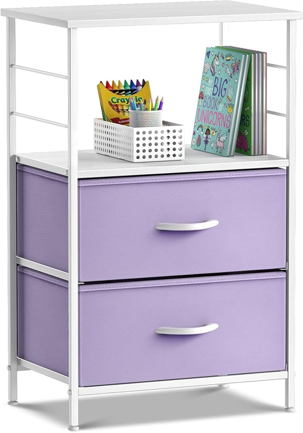 2 Drawer Shelf Storage Nightstand - Kids Bedside Furniture End Table Night Stand with Steel Frame Wood Top & Easy Pull Fabric Bins, Dresser & Chest for Home Bedroom Accessories Office & College