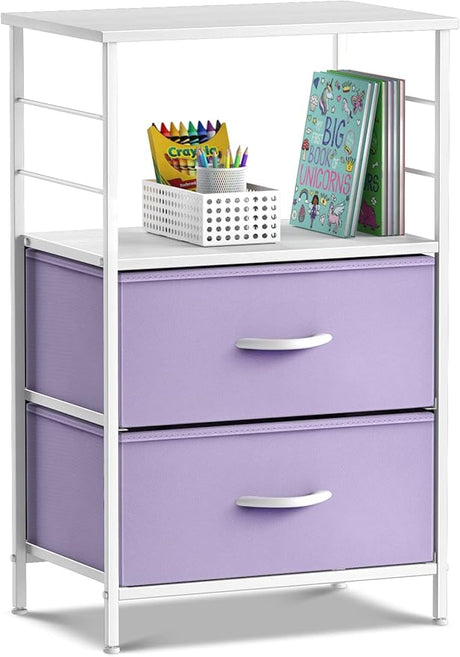 2 Drawer Shelf Storage Nightstand - Kids Bedside Furniture End Table Night Stand with Steel Frame Wood Top & Easy Pull Fabric Bins, Dresser & Chest for Home Bedroom Accessories Office & College