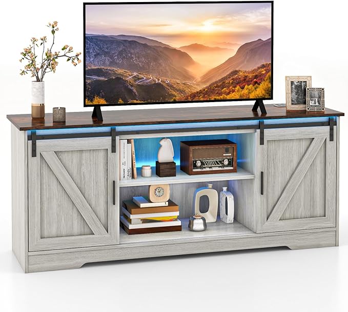 LED TV Stand for 65” TVs, Sliding Barn Door Entertainment Center with Lights