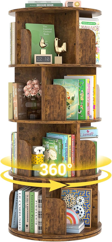 Bookshelf, Wood Corner Bookshelf, 360 Display Spinning Bookcase Storage Rack,