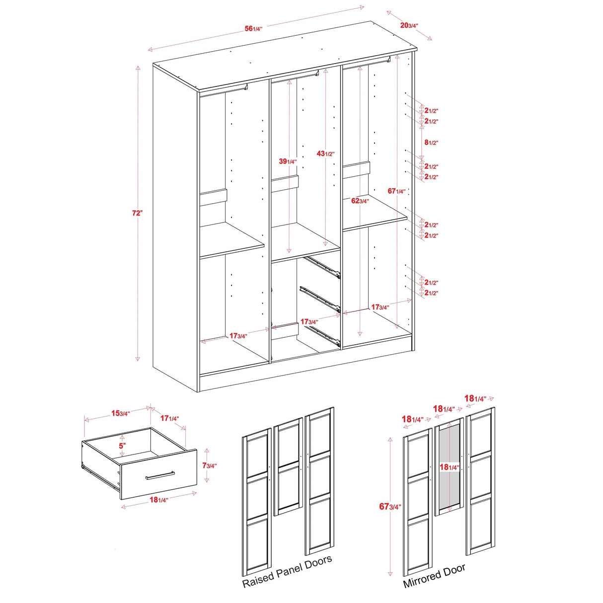 100% Solid Wood Cosmo 3-Door Armoire Wardrobe Closet