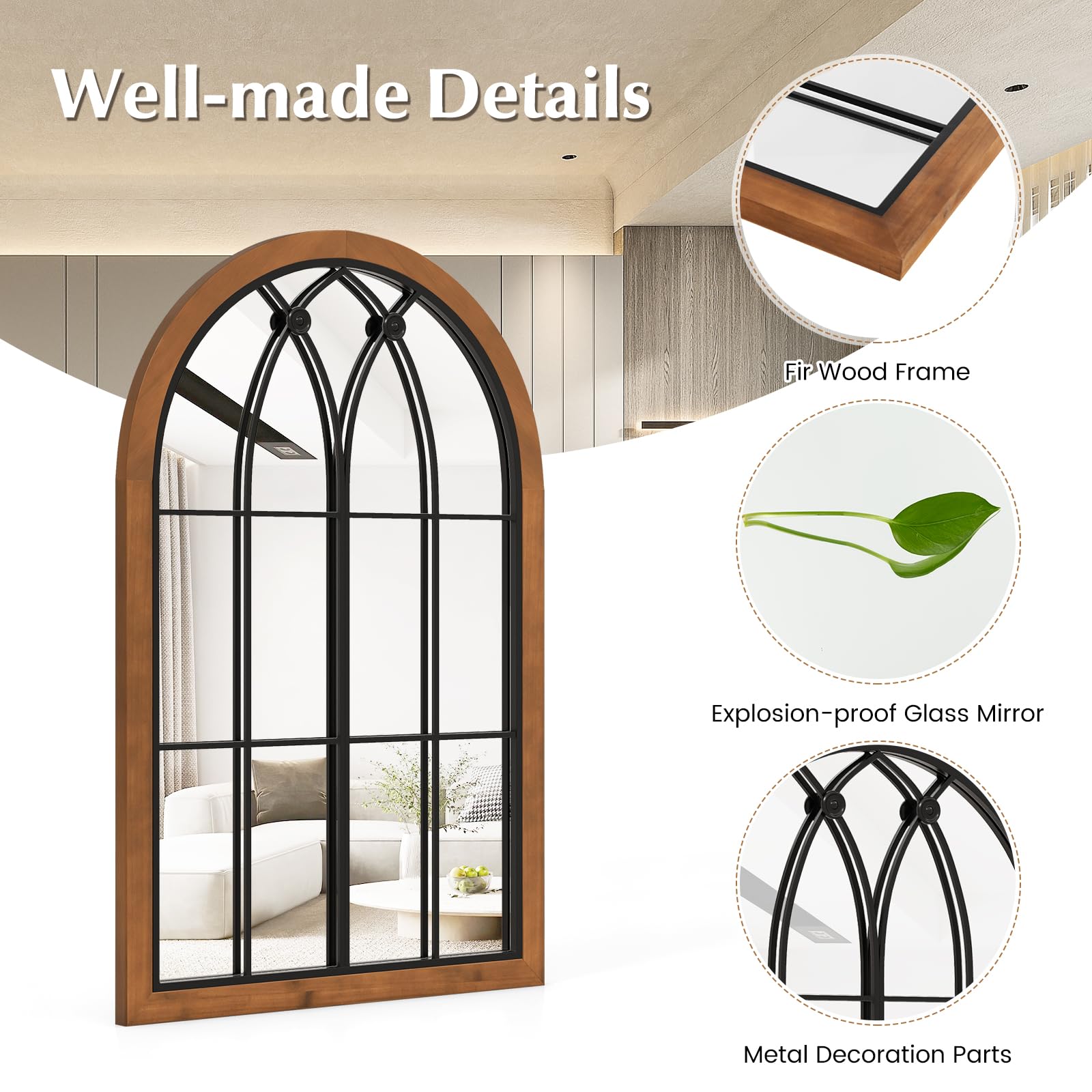 Arched Window Wall Mirror, 36''L x 24''W Farmhouse Accent Mirror, Rustic Wood Framed Mirror for Living Room Entryway Hallway Mantel Kitchen Wall Decor
