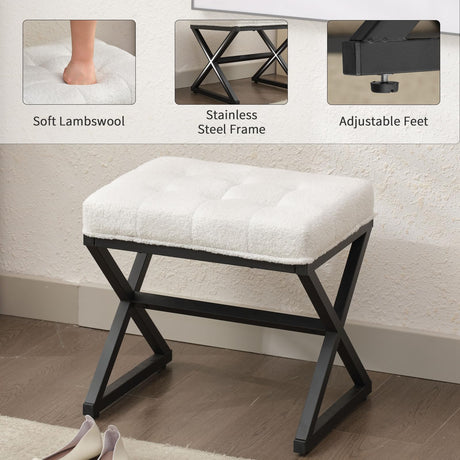 Modern Upholstered Tufted Stool, Lambswool Foot Rest Ottoman with Metal X Leg