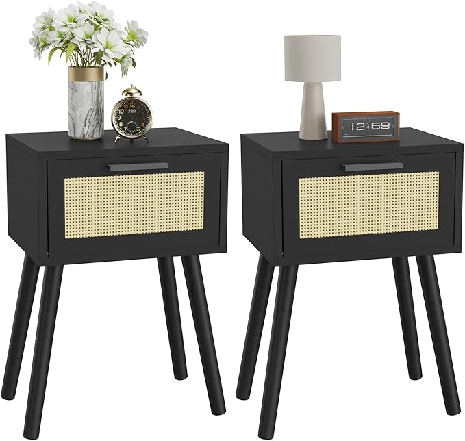 Nightstand, Small Bedside Table, Handmade Rattan Decorated Drawer, Solid Wood Legs