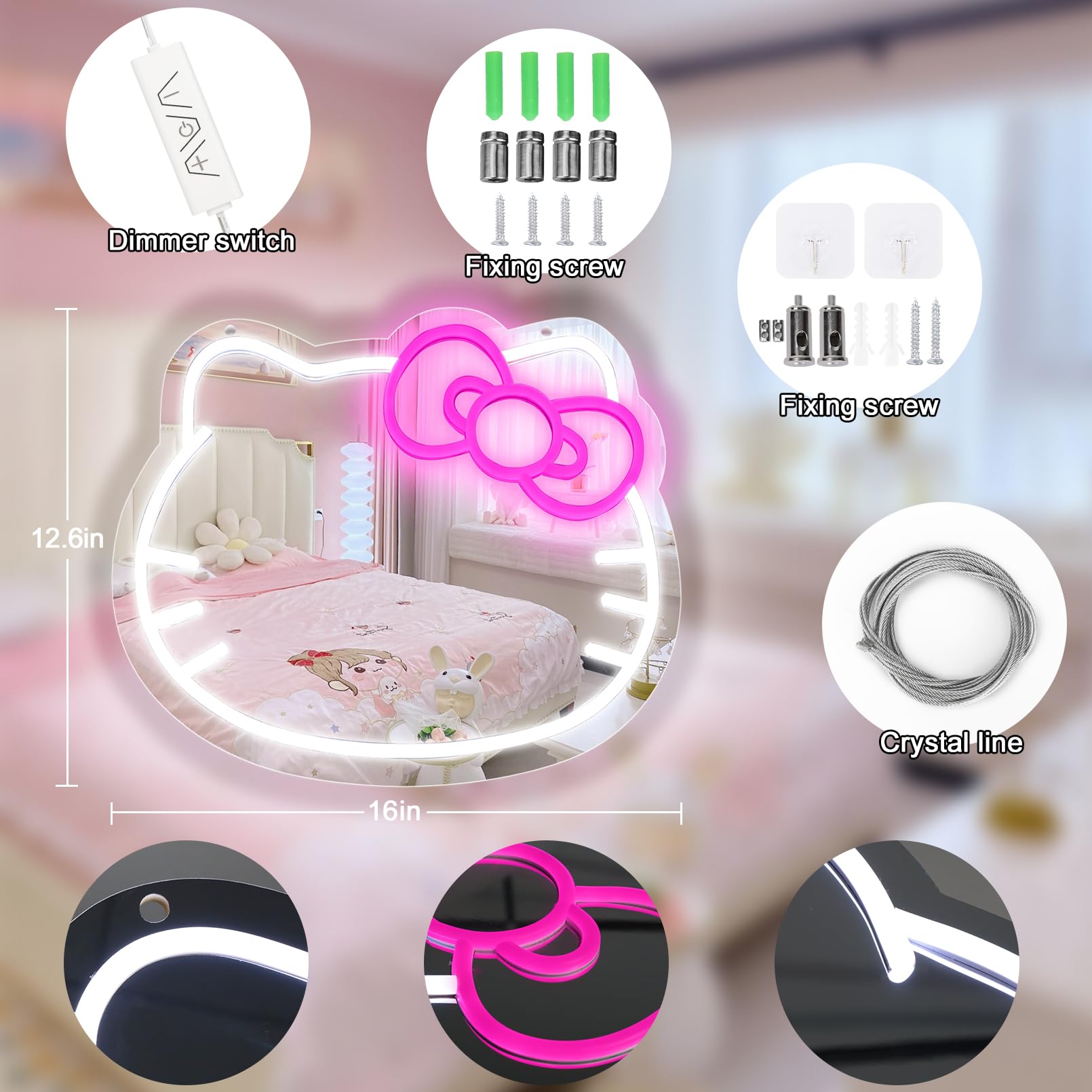 Hello Kit Vanity Mirror with Light, Dimmable LED Anime Neon Sign