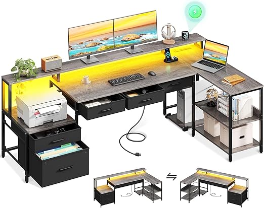 L Shaped Desk with 5 File Drawers, 75" Reversible L Shaped Computer Desk with Power Outlet & LED Strip, Office Desk with Storage Shelves, Gaming Desk with Monitor Shelf, Corner Desk, Vintage