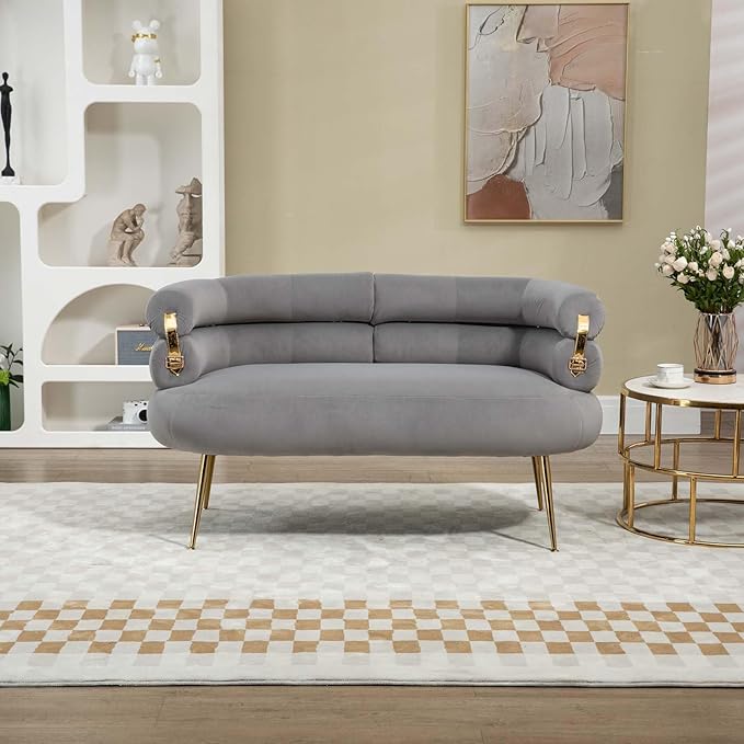 Modern Velvet Accent Loveseat Sofa, Upholstered Sofa Chair with Golden Metal Legs