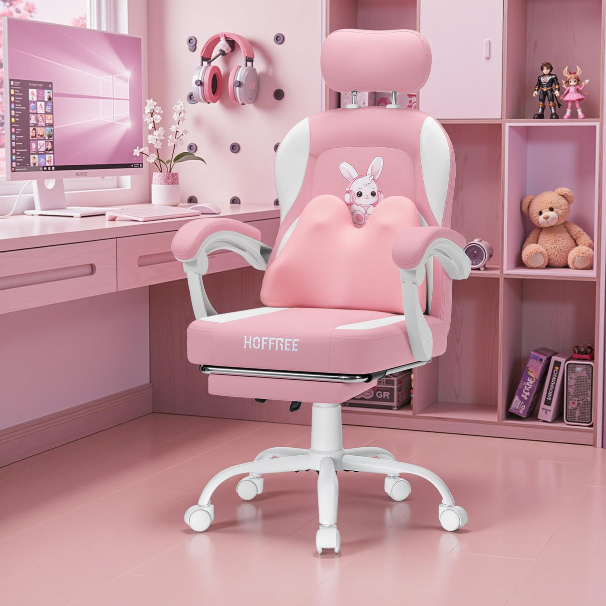 Kids Gaming Chair with Bunny Massage Lumbar Pillow - Pink Desk Chair with Adjustable Headrest & Footrest
