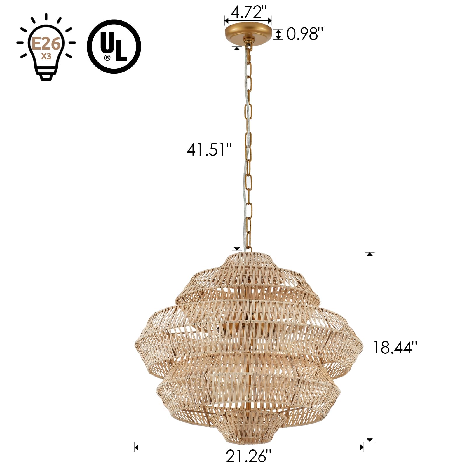 22” Hand Woven Rattan Chandelier 5 Round Adjustable Boho Pendant Light Farmhouse