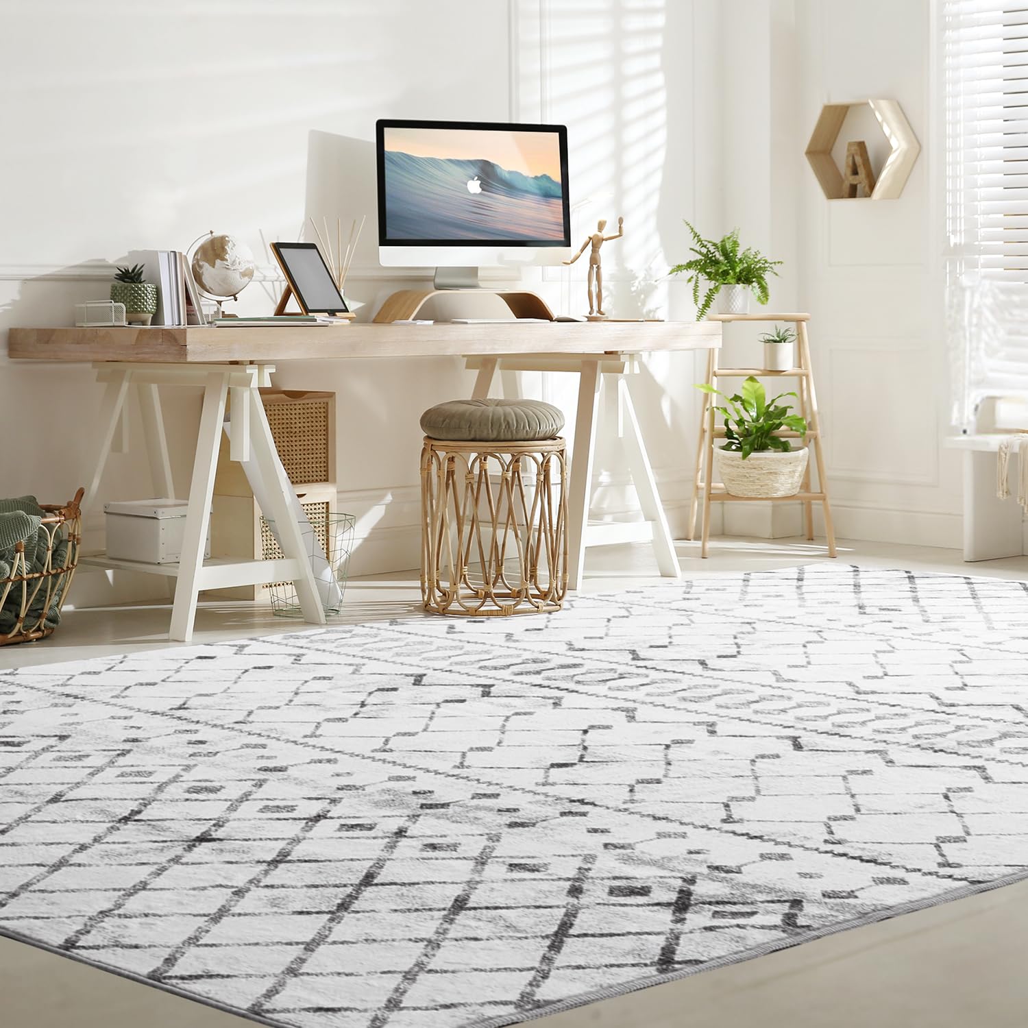 Lessymo 5x7 Area Rugs 5x7, Machine Washable Modern Area Rug, Super Soft Faux-Wool Carpet for Living Room Bedroom Dining Room, Non-Slip Low Pile, Grey White