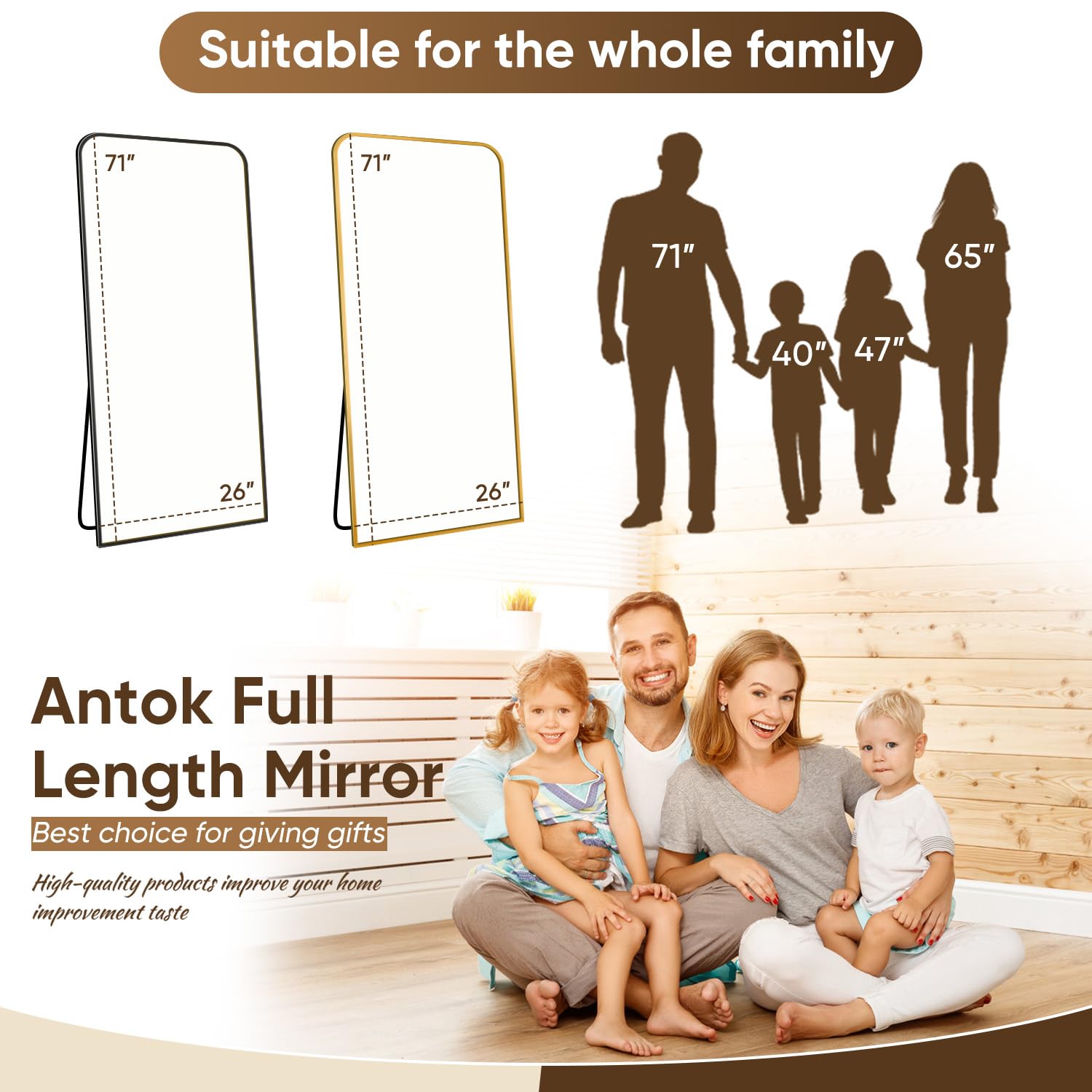Full Length Floor Mirror with Stand 71"x28" - Rounded Top Aluminum Frame