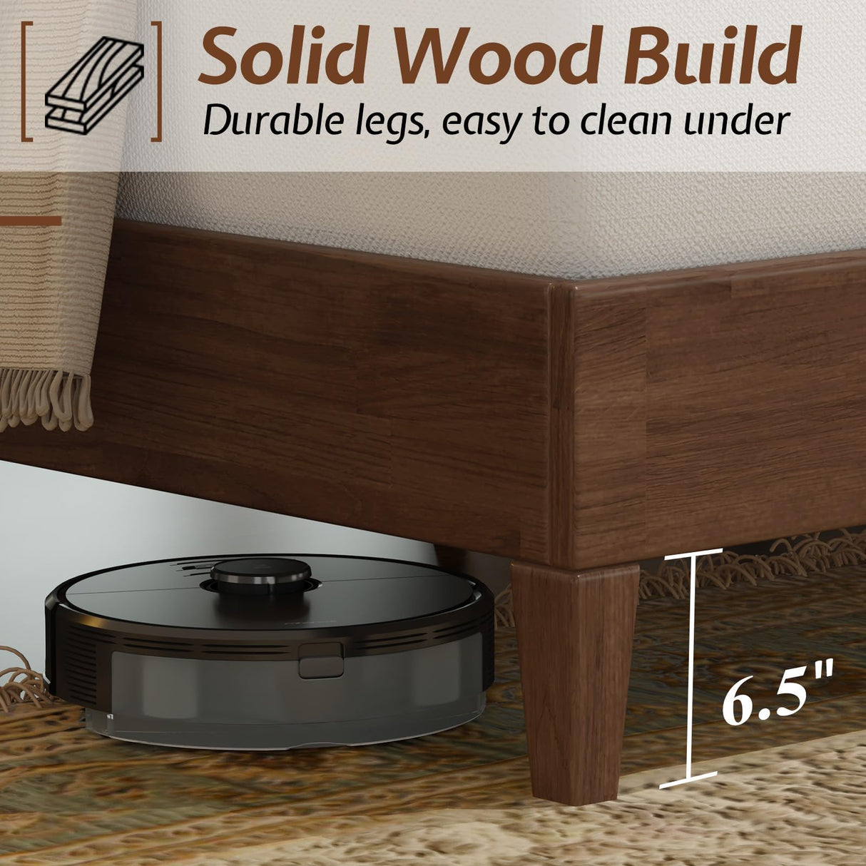 King Size Wood Bed Frame with Tall Tufted Headboard - Walnut