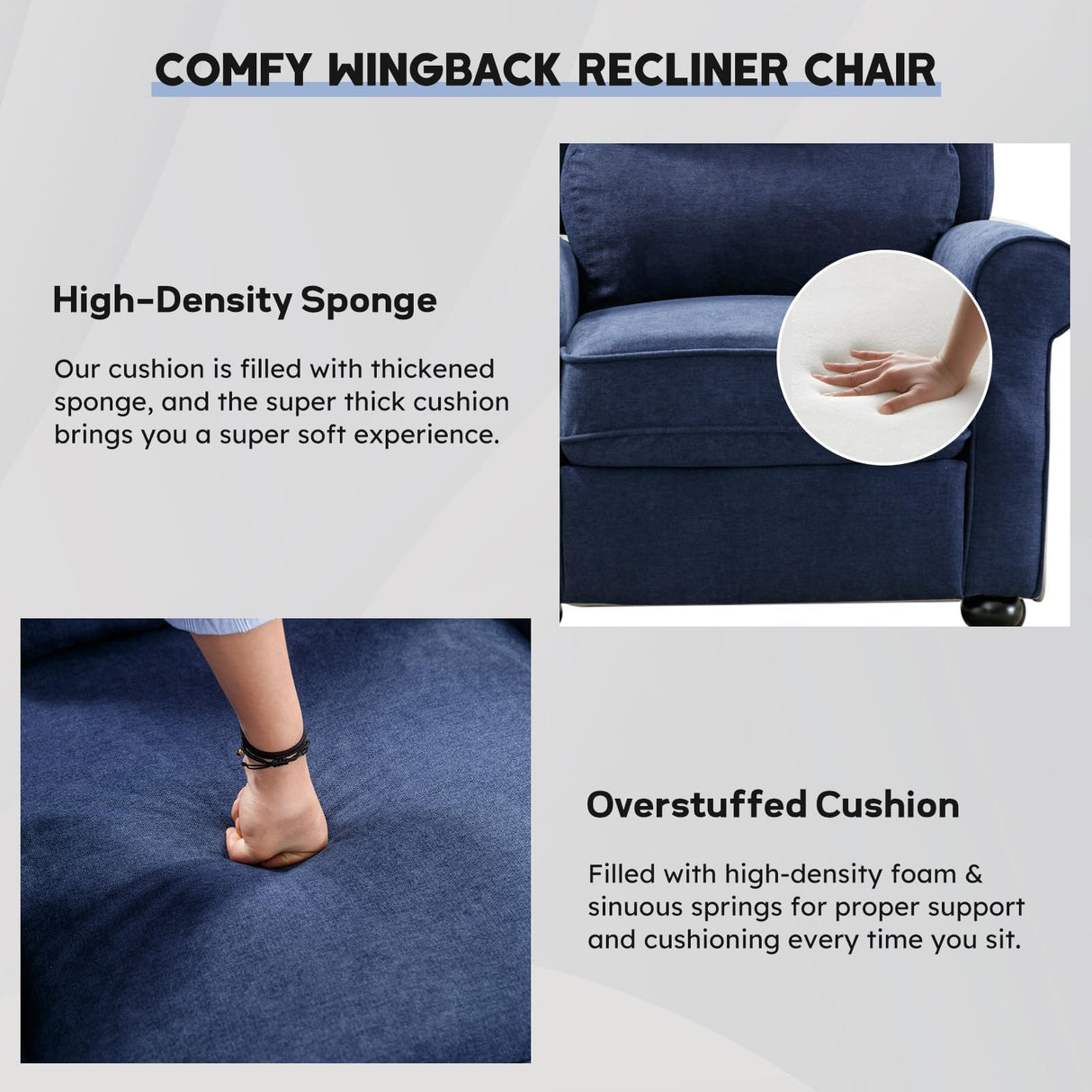 Bonzy Home Navy Blue Pushback Recliner Chair for Adults, Manual Fabric Accent Chair Recliner for Living Room Bedroom