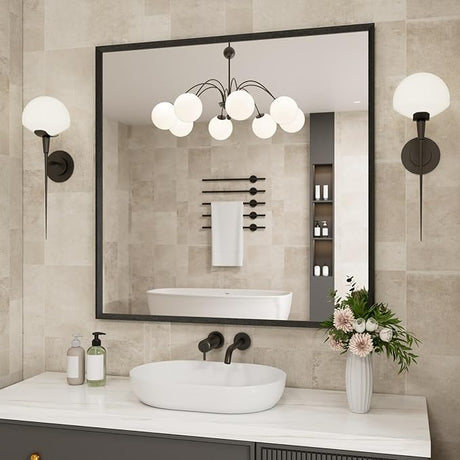 Black Bathroom Mirror, 24x36 Inch Rounded Rectangle Matte Framed Wall Mounted Mirror