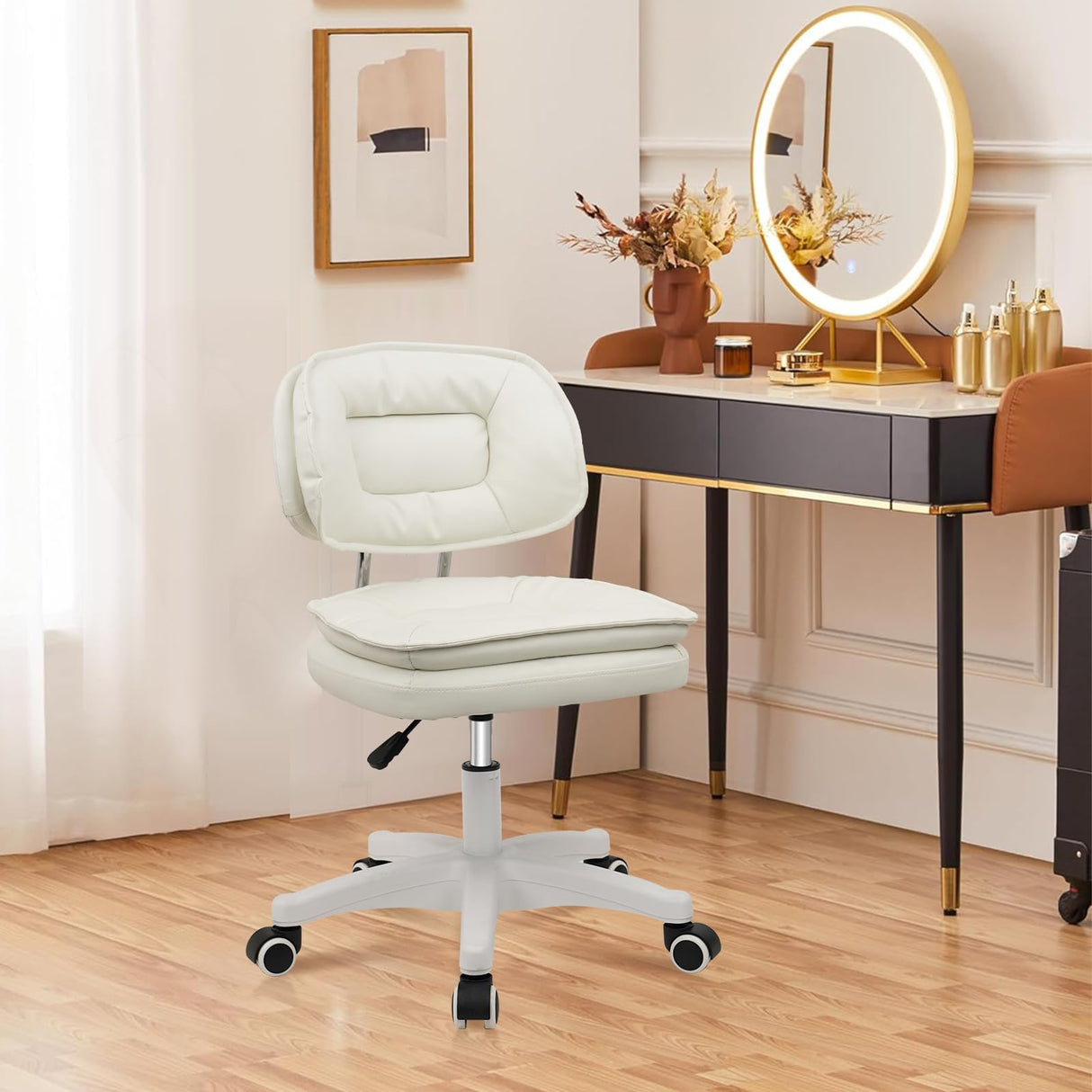Small Rolling Stool with Backrest - Adjustable Height Vanity Chair
