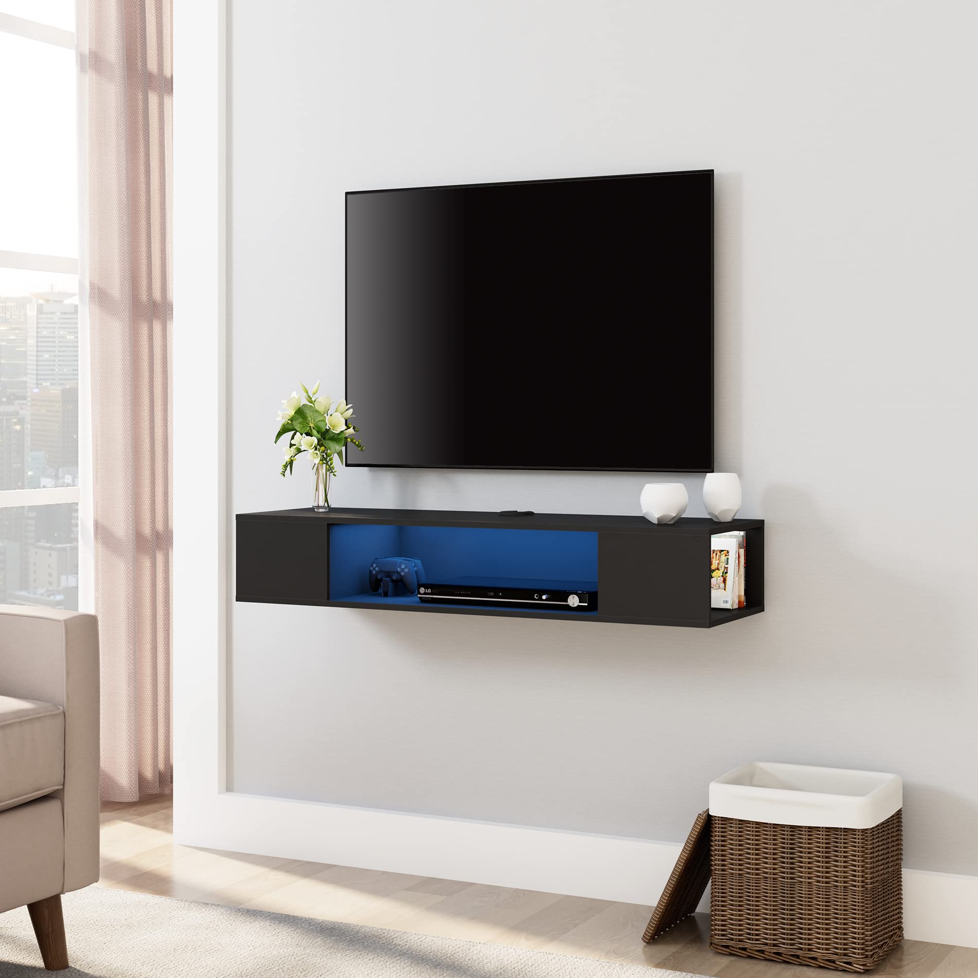 Floating TV Stand with LED Lights - Wall Mounted Media Console