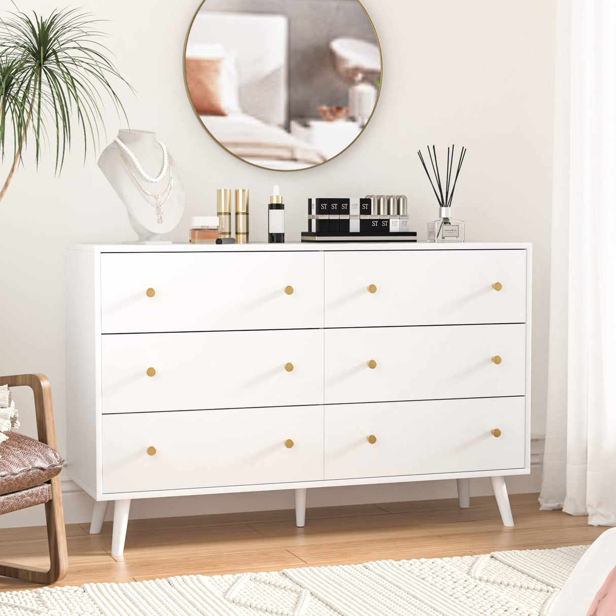 White Dresser for Bedroom, Modern 6 Drawer Dresser, Wide Chest of Drawers with Gold