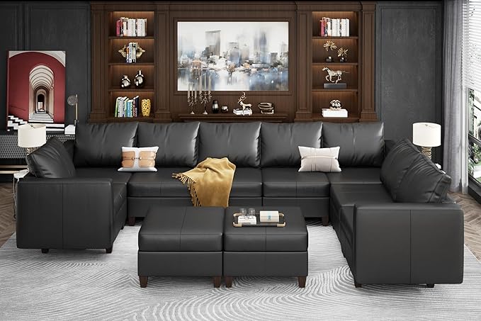 Large Modular Sectional Couch U Shaped Sofa with Storage, Faux Leather Modular Sofa 11 Seat Convertible