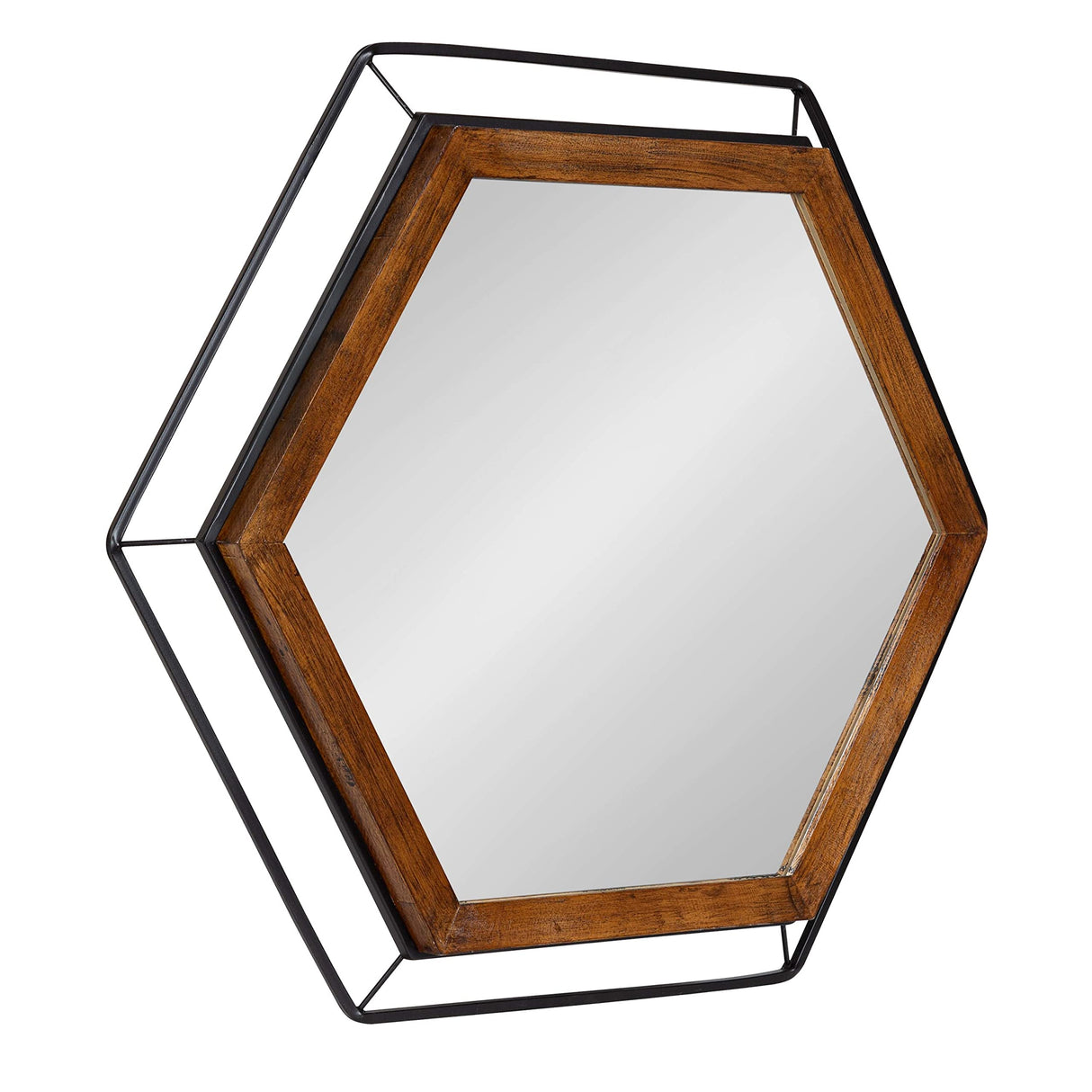 Wesman Modern Hexagon Wall Mirror, 28 x 28, Walnut and Black, Decorative Home Decor