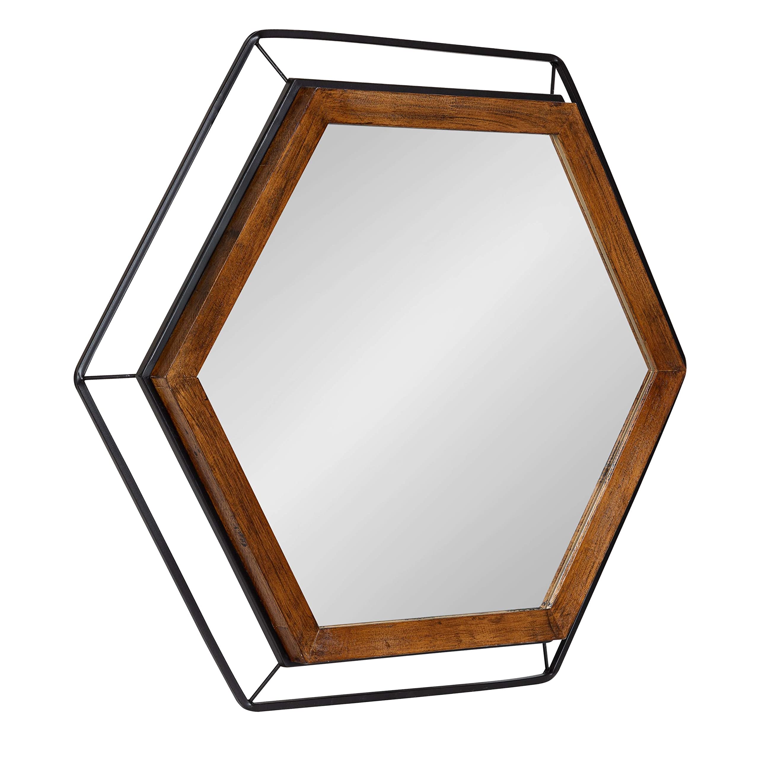 Wesman Modern Hexagon Wall Mirror, 28 x 28, Walnut and Black, Decorative Home Decor
