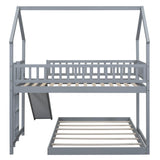 Twin Over Full Bunk Bed with Slide and Built-in Ladder, House Shaped Solid Wood Bunk Beds with Full-Length Guardrail for Kids,Teens, Adults, No Box Spring Required, Gray