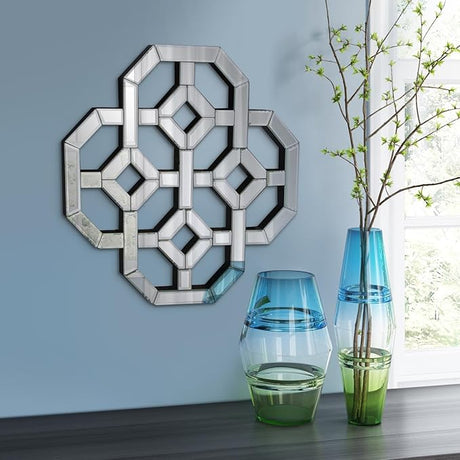 Moira Wall Mounted Interlocking Square Mirror with Geometric Shapes, Contemporary Decorative Bevelled Accent Piece for Entryway, Bathroom, Bedroom or Living Room, 20" x 20", Silver