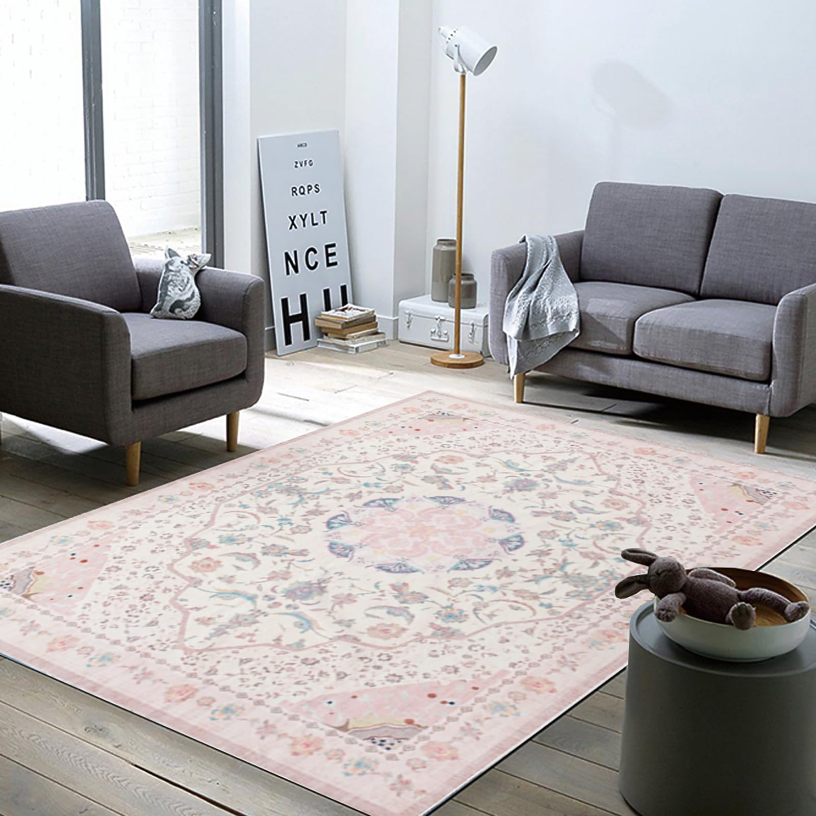 Area Rug - Vintage 8x10 Non-Slip Backing Area Rugs Light Pink Soft Faux Wool Carpet