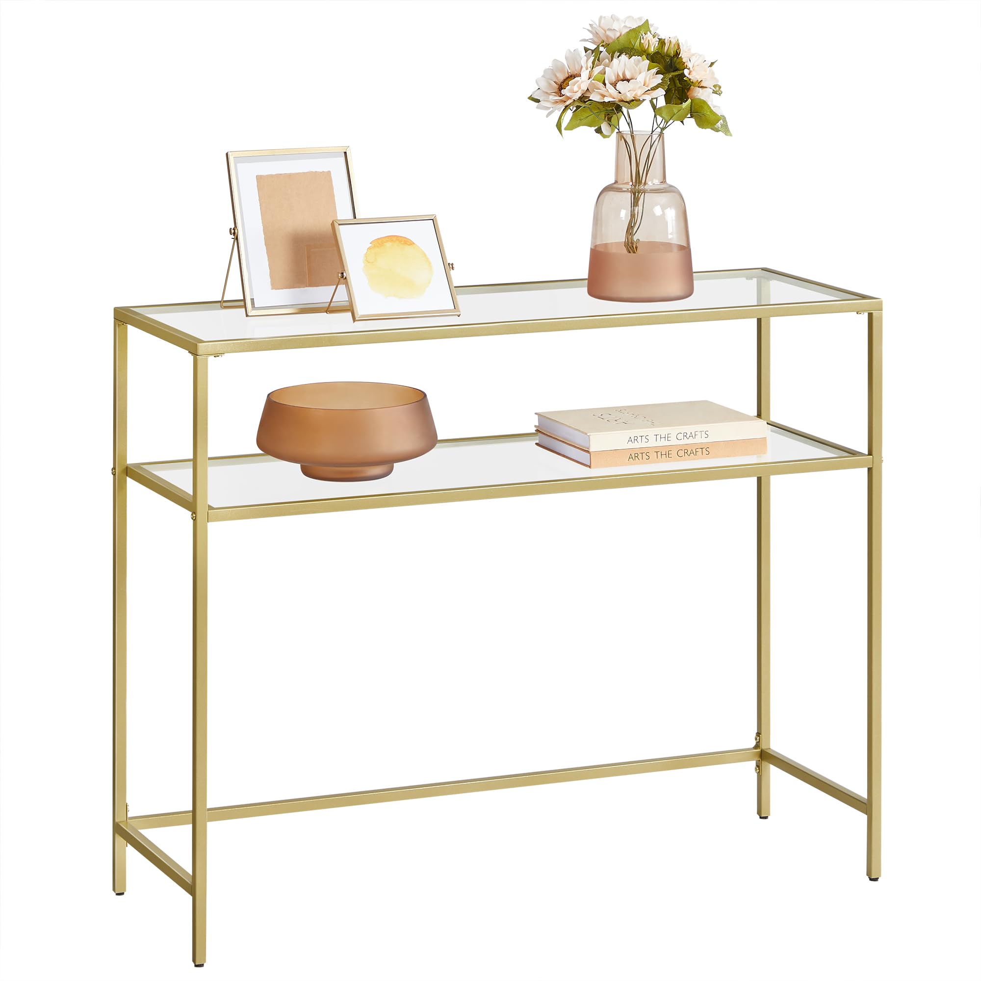 39.4 Inch Console Sofa Table, Modern Entryway Table, Tempered Glass Table, Metal Frame, 2
