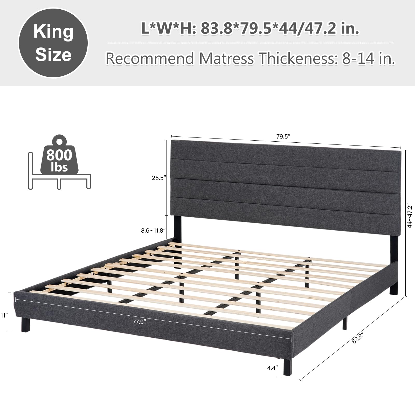 king Bed Frame, Modern Upholstered Bed Frame king with Adjustable Linen Headboard