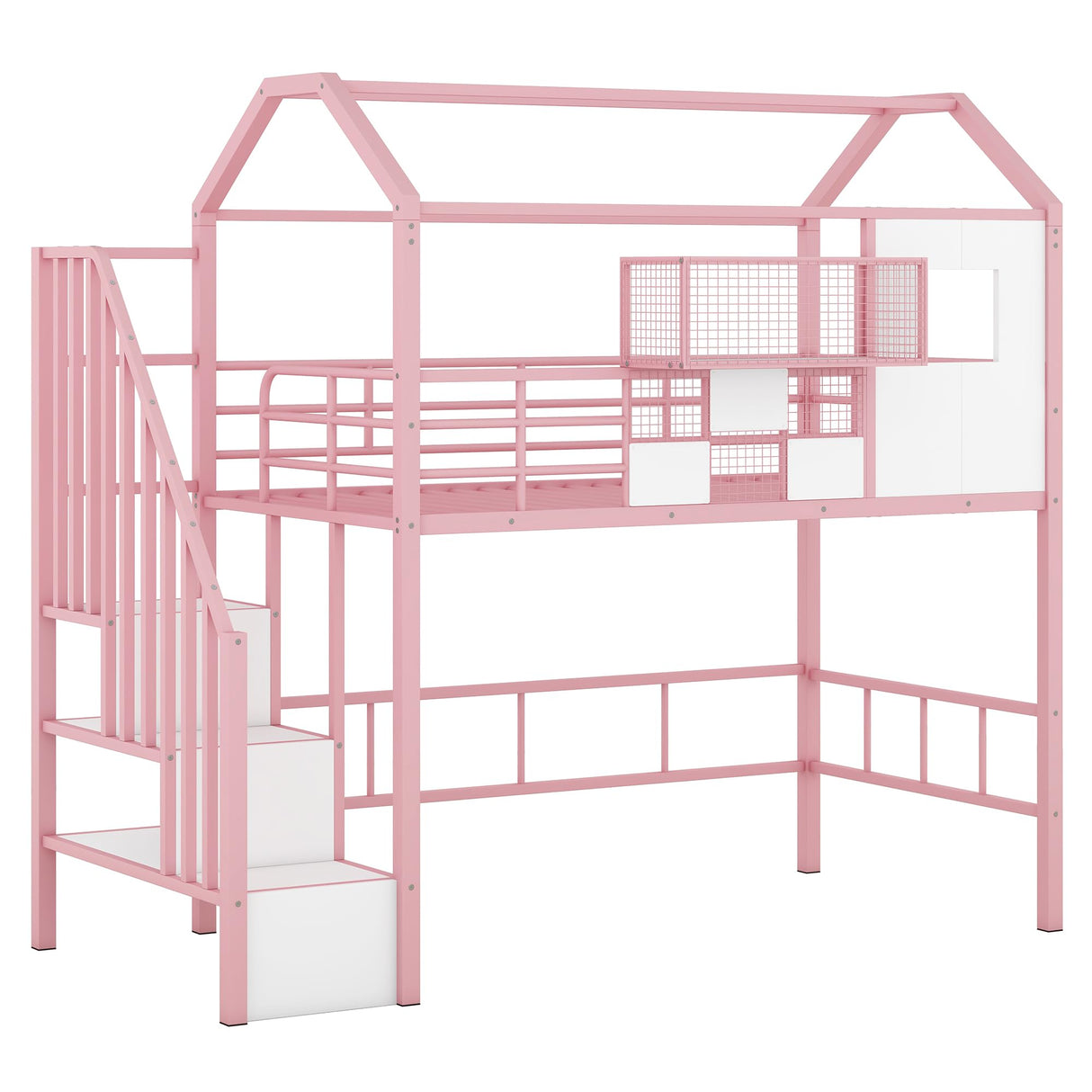 Twin Loft Bed with Stairs, Roof, Window and Full-Length Guardrail, House Loft Bed/Heavy