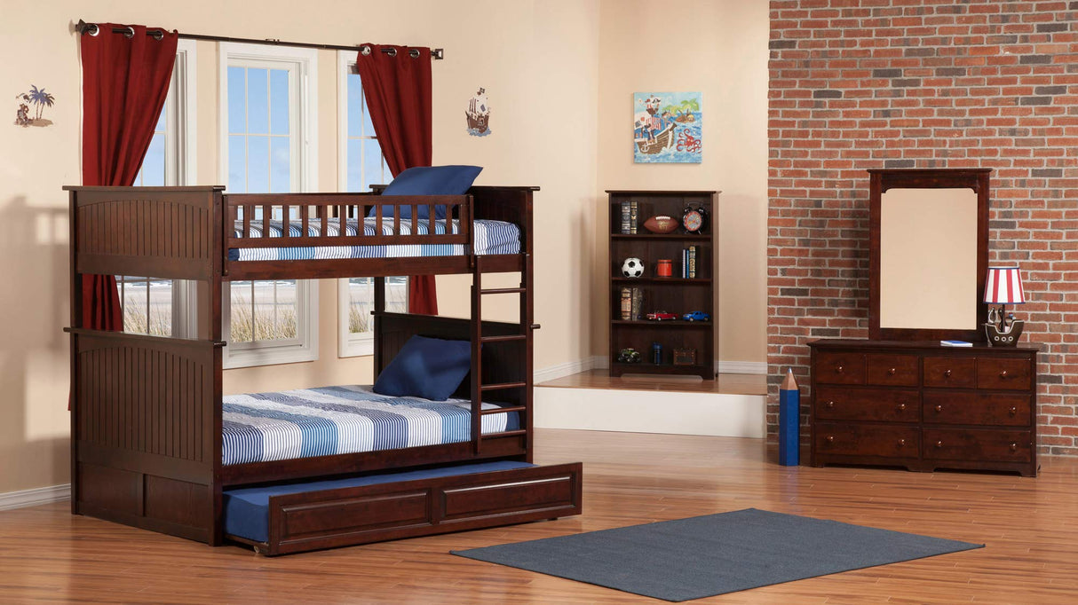 AB59534 Nantucket Bunk Bed with Raised Panel Trundle Bed, Full Over Full, Antique