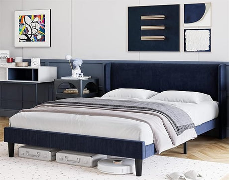 Full Bed Frame, Upholstered Platform Bed with Wingback Headboard, Velvet Upholstered Bed Frame with 2 Storage Pockets,