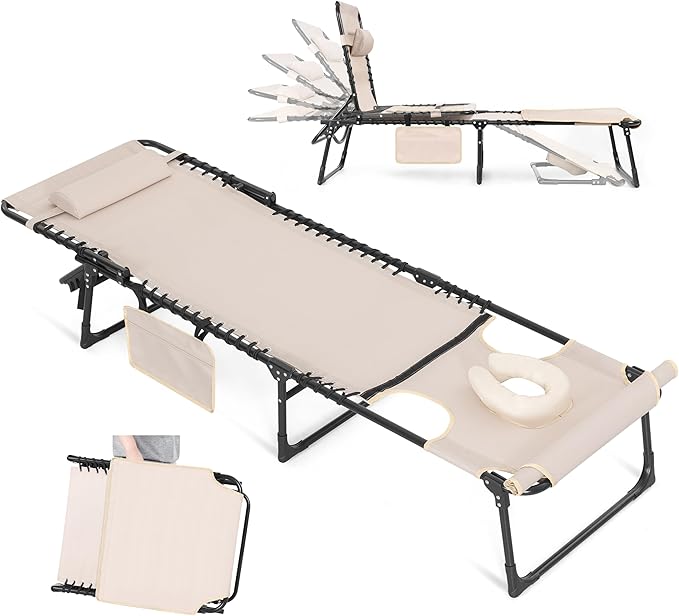 Oxford Chaise Lounge Chair, Patio Tanning Chair with Face Hole Adjustable 5-Position