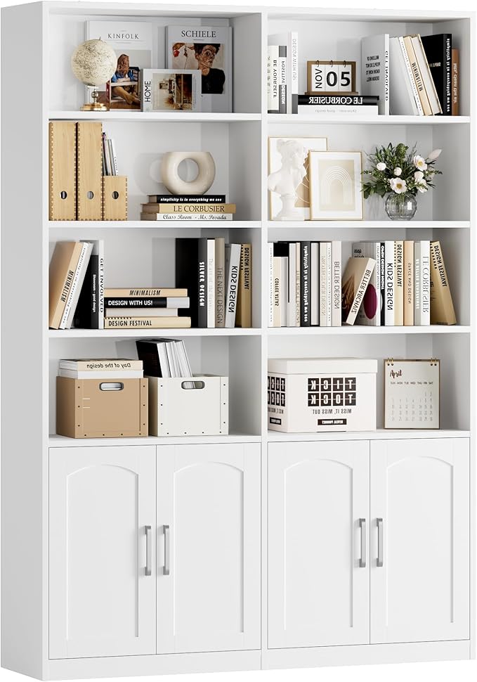 Bookshelf and Bookcase with Doors, 6 Tier Double Wide Large Bookshelves, Open Display Shelves, 73'' Tall Bookshelf with Storage Cabinets for Home Office, Living Room, Library, Black