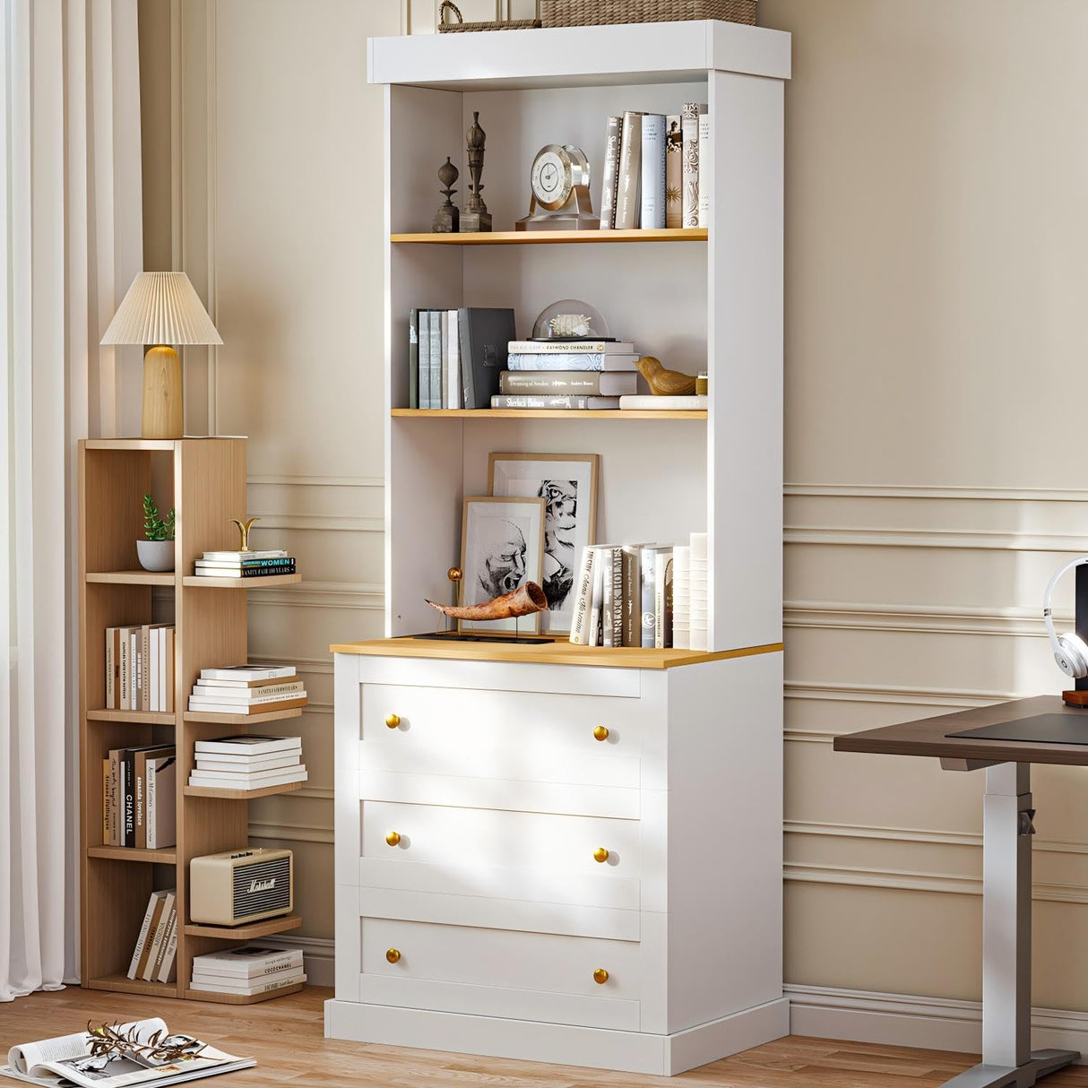 71" Tall Farmhouse Storage Cabinet with Drawers, Large Bookshelf with Adjustable Shelves