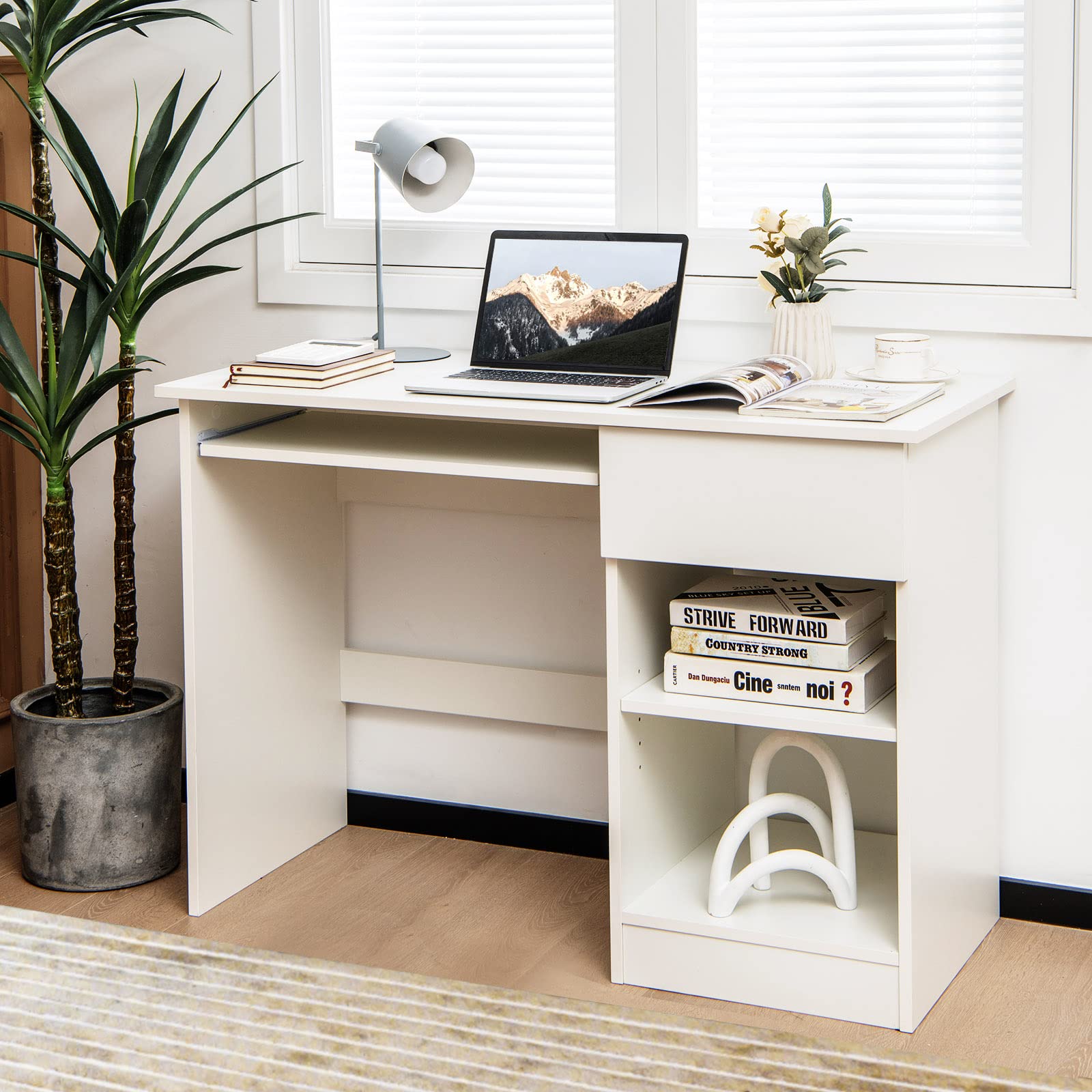 White Desk with Drawer, Wooden Computer Desk with Pull-Out Keyboard Tray & Adjustable Storage Shelves